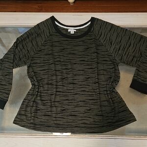 Anne Klein Olive Green and Black long sleeve striped Soft Knit Raglan Top
